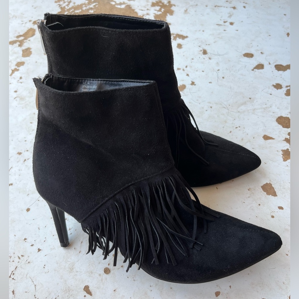 NY&C black fringe stiletto ankle boots